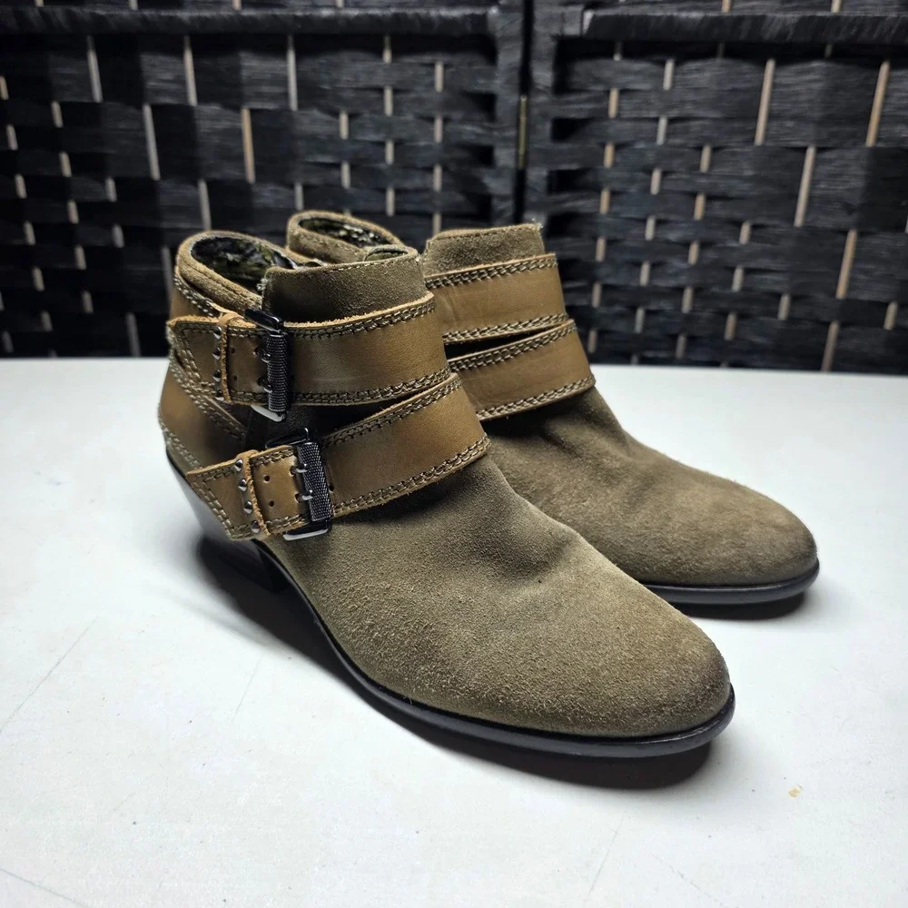 Sam Edelman Pippen Olive Green Suede Leather Moto Ankle Boots Sz. 4M Buckle Boho